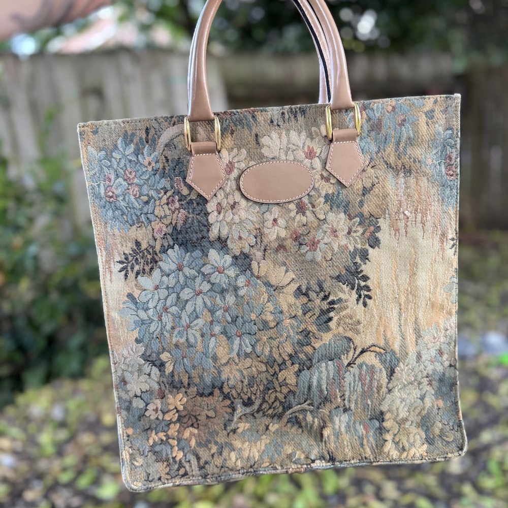 Vintage Floral Tapestry Tote Bag Tan Faux Leather Trim Talon Zipper Square Bag